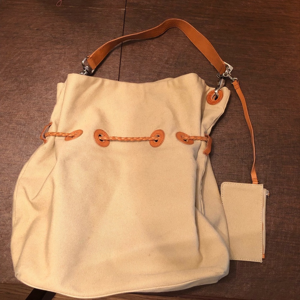 DKNY tan fabric handbag
